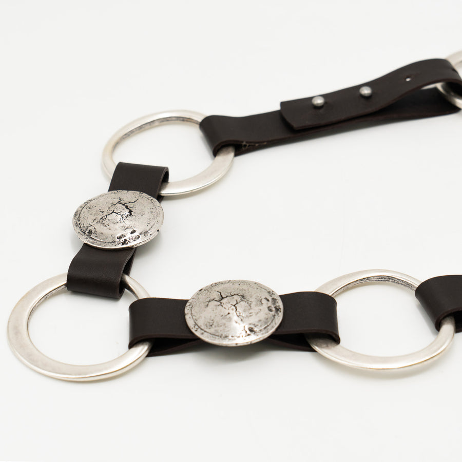 Dark brown leather belt with silver rings and disc accents - Streets Ahead