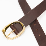 Isabella Belt - Elegant Gold Oval Buckle On Smooth Brown Italian Leather - Streets Ahead
