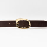 Isabella Belt - Elegant Gold Oval Buckle On Smooth Brown Italian Leather - Streets Ahead
