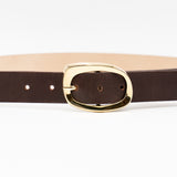 Isabella Belt - Elegant Gold Oval Buckle On Smooth Brown Italian Leather - Streets Ahead