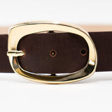 Isabella Belt - Elegant Gold Oval Buckle On Smooth Brown Italian Leather - Streets Ahead