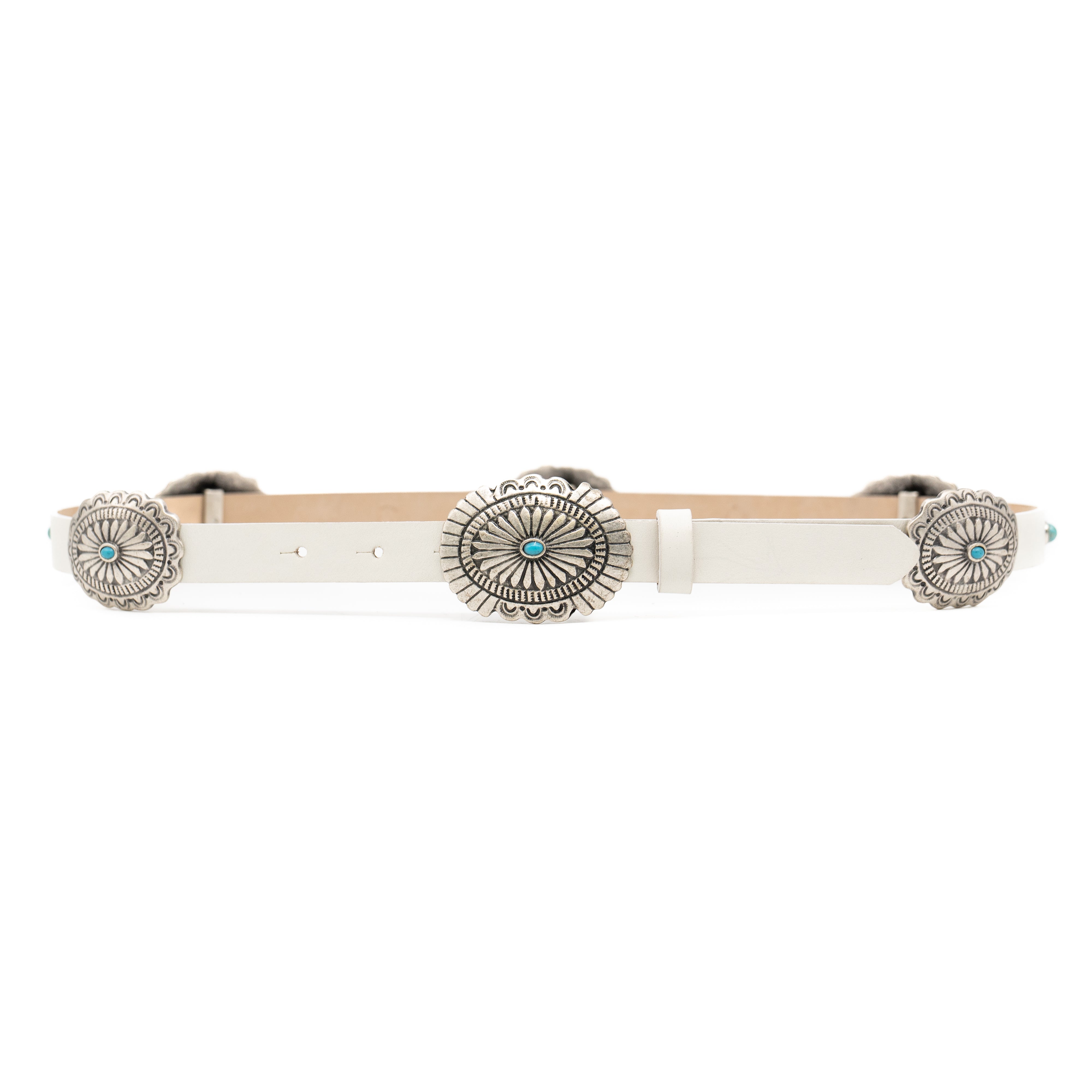 Iris Concho Belt in bone Italian leather with old silver and turquoise concho hardware, Streets Ahead