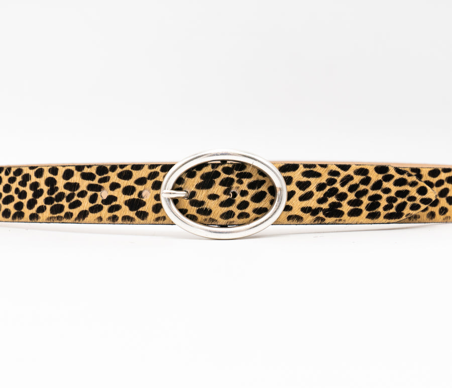 Vixen Belt – tan and black cheetah print Italian hair-on leather belt with a silver-plated oval buckle, handcrafted in Los Angeles - Streets Ahead