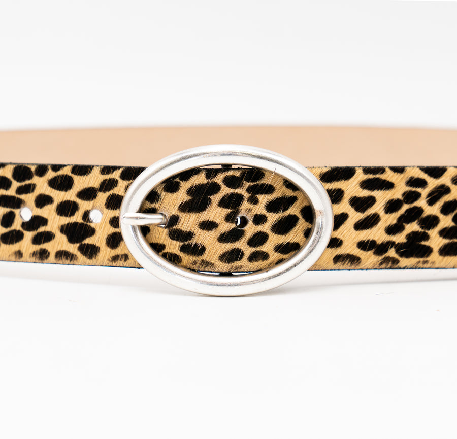 Vixen Belt – tan and black cheetah print Italian hair-on leather belt with a silver-plated oval buckle, handcrafted in Los Angeles - Streets Ahead