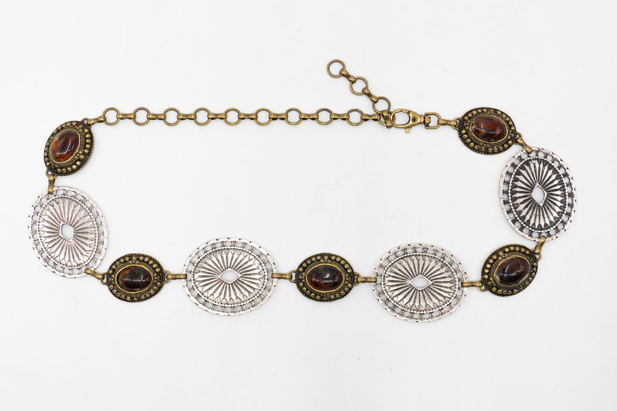 Sequoia Belt – bohemian two-toned chain belt with amber stones in brass and silver, handcrafted in Los Angeles - Streets Ahead