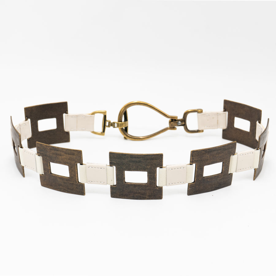 Vera Belt – cream Italian leather belt with brass square hardware, loop-and-hook closure, and adjustable stretch detail, handcrafted in Los Angeles - Streets Ahead