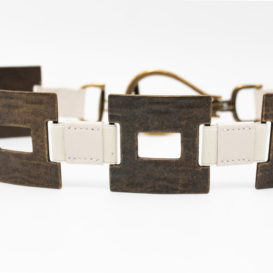 Vera Belt – cream Italian leather belt with brass square hardware, loop-and-hook closure, and adjustable stretch detail, handcrafted in Los Angeles - Streets Ahead
