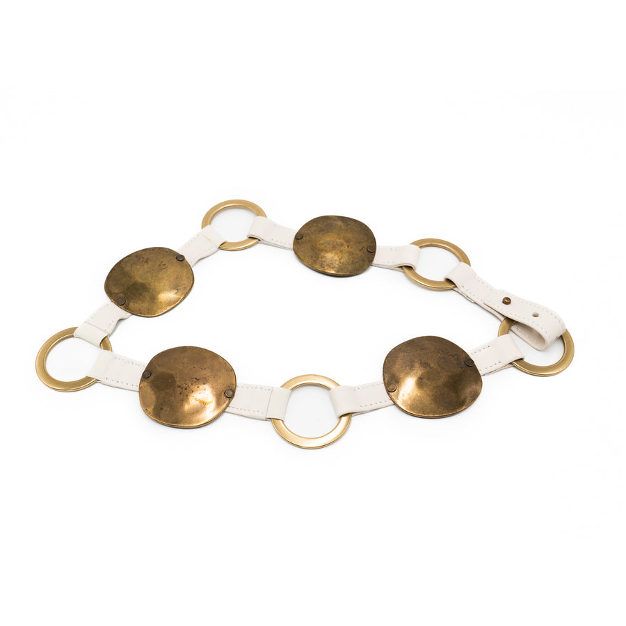 Phantom Belt – recycled off-white Italian leather belt with brass rings, hammered hardware, stretch details, and collar stud closure, handcrafted in Los Angeles - Streets Ahead