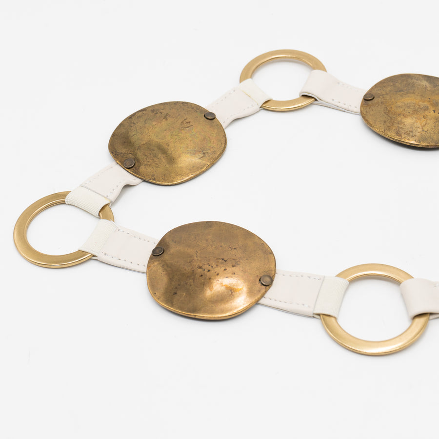Phantom Belt – recycled off-white Italian leather belt with brass rings, hammered hardware, stretch details, and collar stud closure, handcrafted in Los Angeles - Streets Ahead