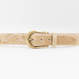 White and gold shimmer hair-on leather belt with brushed brass buckle, Western-inspired design - Streets Ahead