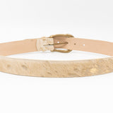 White and gold shimmer hair-on leather belt with brushed brass buckle, Western-inspired design - Streets Ahead