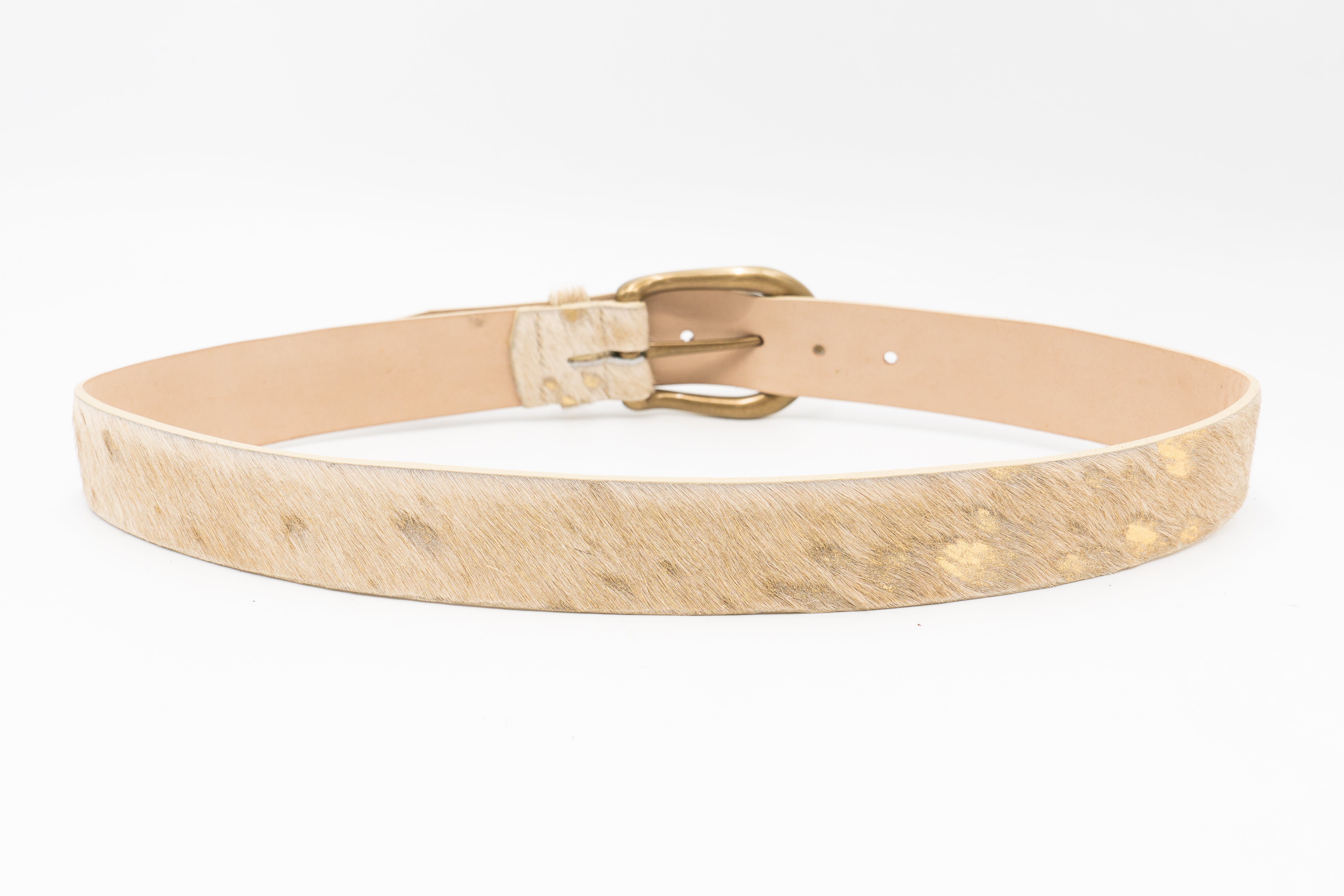 White and gold shimmer hair-on leather belt with brushed brass buckle, Western-inspired design - Streets Ahead