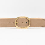 Taupe nubuck leather waist belt with 24K gold-plated oval buckle, chic and sophisticated - Streets Ahead