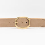 Taupe nubuck leather waist belt with 24K gold-plated oval buckle, chic and sophisticated - Streets Ahead
