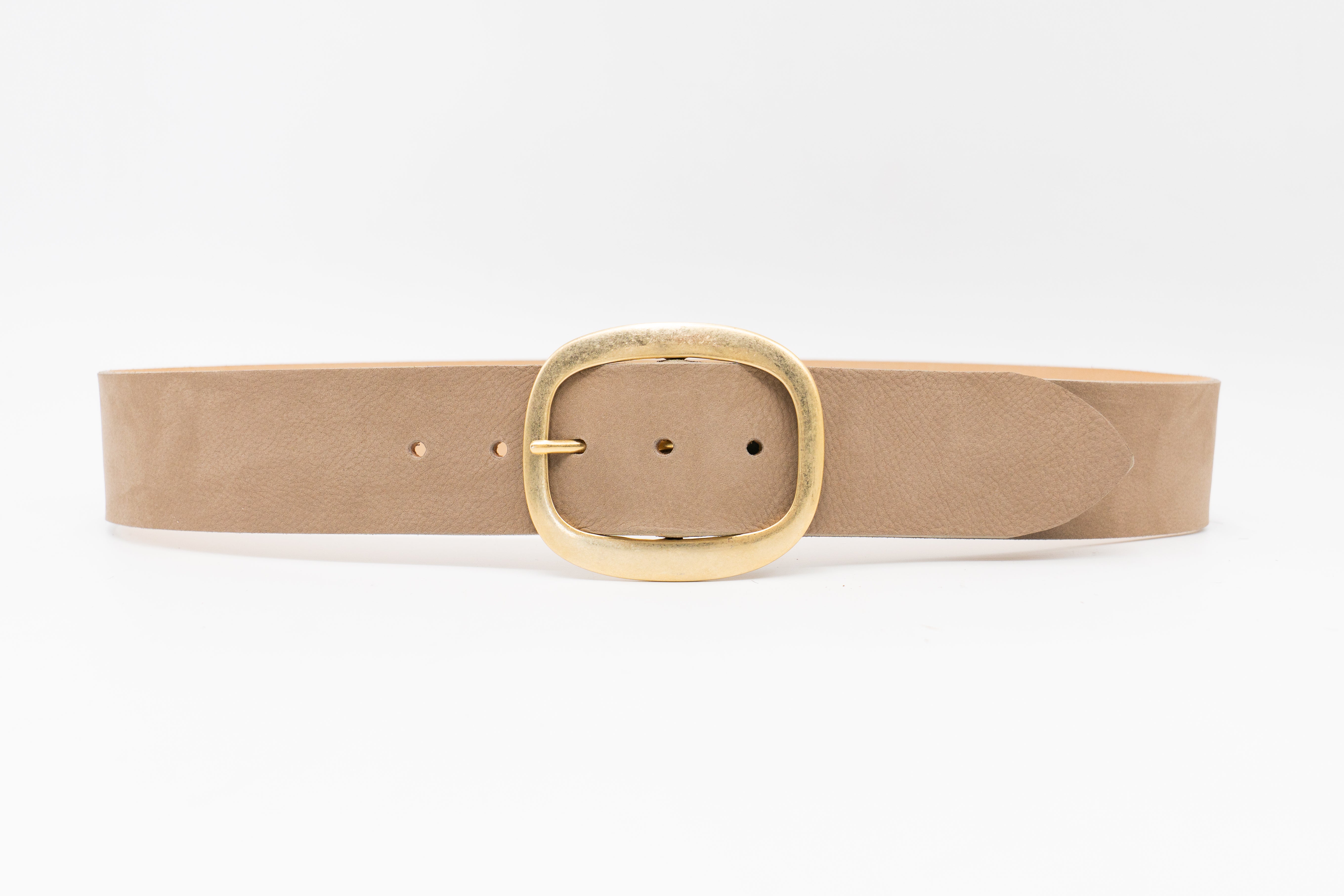 Taupe nubuck leather waist belt with 24K gold-plated oval buckle, chic and sophisticated - Streets Ahead