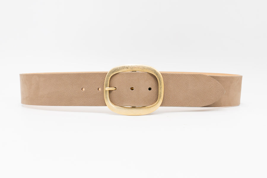 Taupe nubuck leather waist belt with 24K gold-plated oval buckle, chic and sophisticated - Streets Ahead