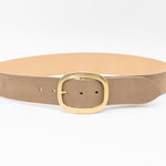Taupe nubuck leather waist belt with 24K gold-plated oval buckle, chic and sophisticated - Streets Ahead