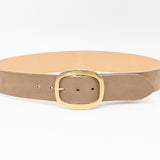 Taupe nubuck leather waist belt with 24K gold-plated oval buckle, chic and sophisticated - Streets Ahead