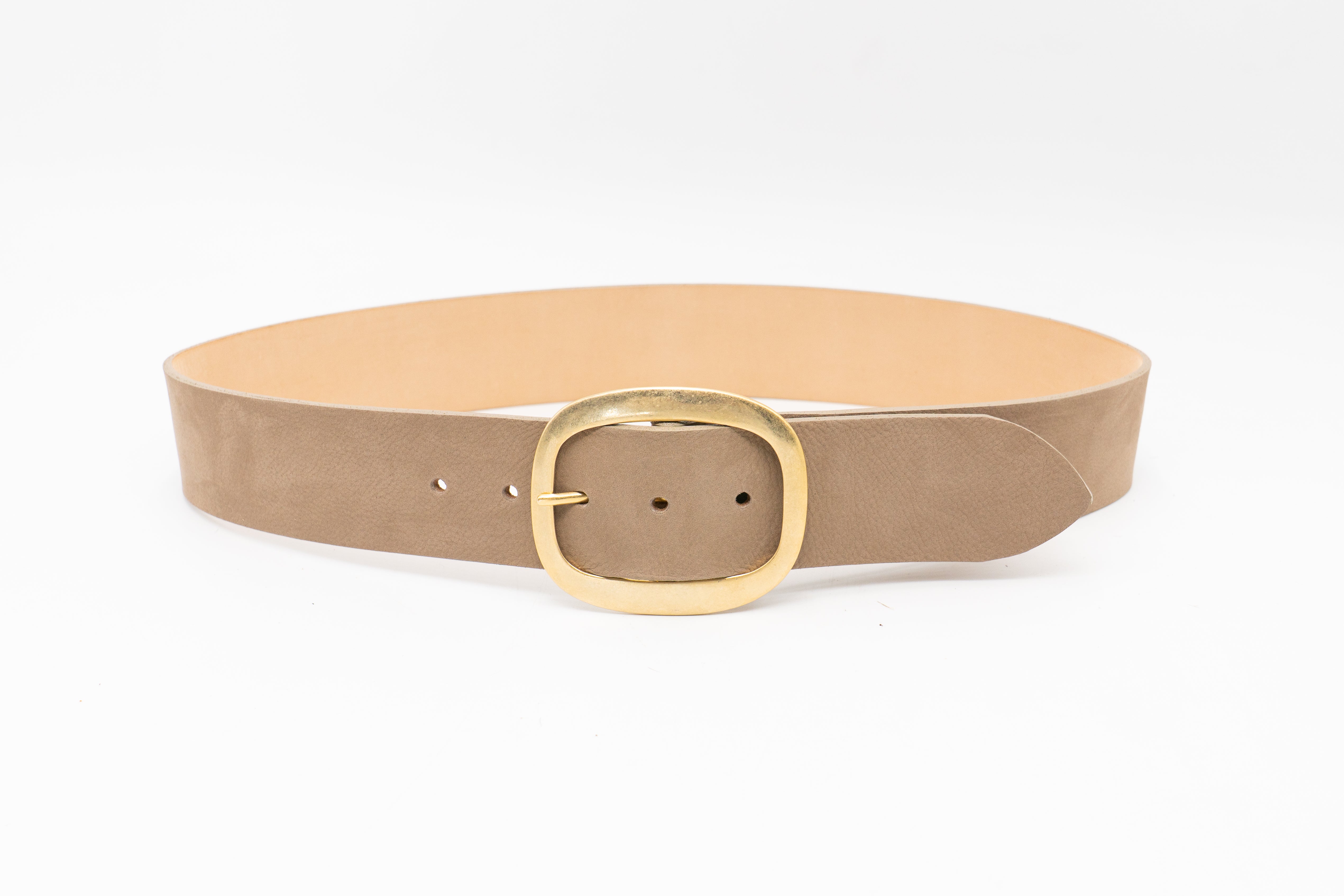 Taupe nubuck leather waist belt with 24K gold-plated oval buckle, chic and sophisticated - Streets Ahead