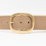 Taupe nubuck leather waist belt with 24K gold-plated oval buckle, chic and sophisticated - Streets Ahead