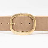 Taupe nubuck leather waist belt with 24K gold-plated oval buckle, chic and sophisticated - Streets Ahead