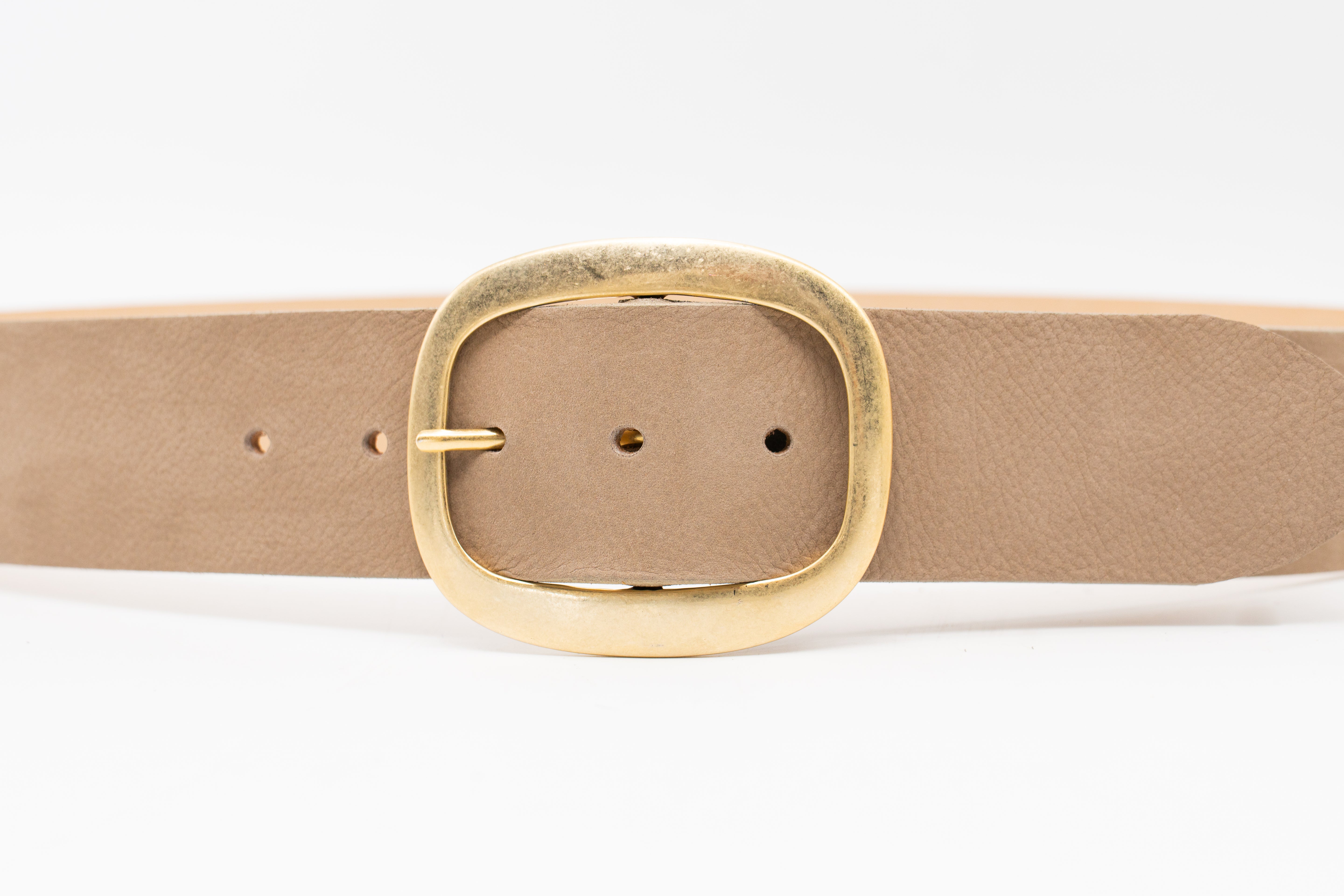 Taupe nubuck leather waist belt with 24K gold-plated oval buckle, chic and sophisticated - Streets Ahead