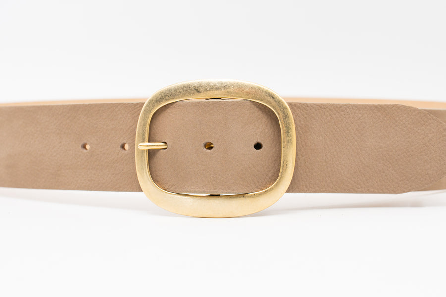 Taupe nubuck leather waist belt with 24K gold-plated oval buckle, chic and sophisticated - Streets Ahead