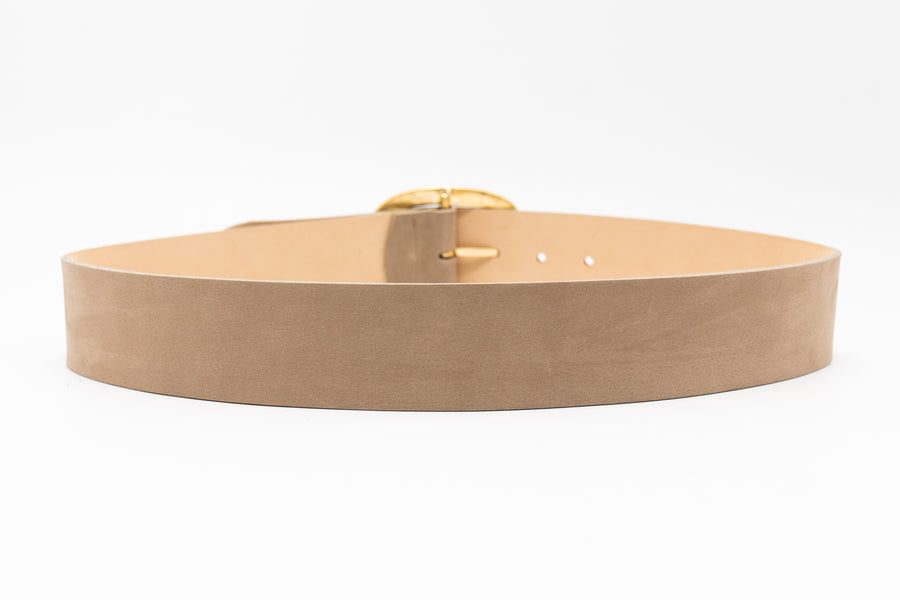 Taupe nubuck leather waist belt with 24K gold-plated oval buckle, chic and sophisticated - Streets Ahead