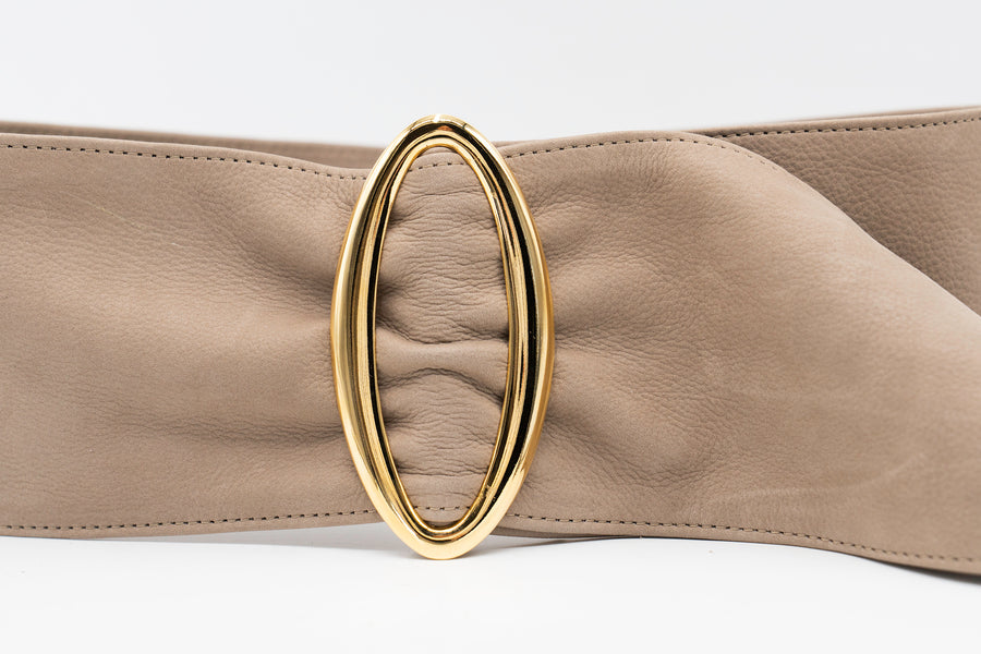 Taupe nubuck leather waist belt with 24K gold-plated oval buckle, chic and sophisticated - Streets Ahead