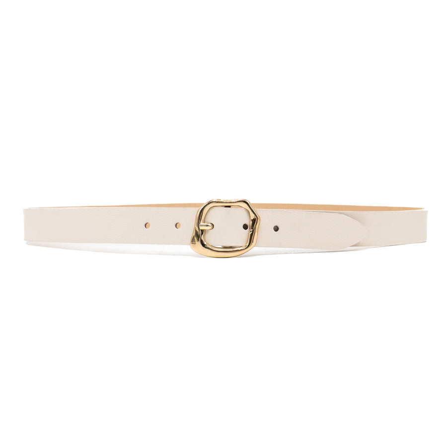 Celine Belt – cream Italian narrow leather belt with a gold organic-shaped center bar buckle, handcrafted in Los Angeles - Streets Ahead