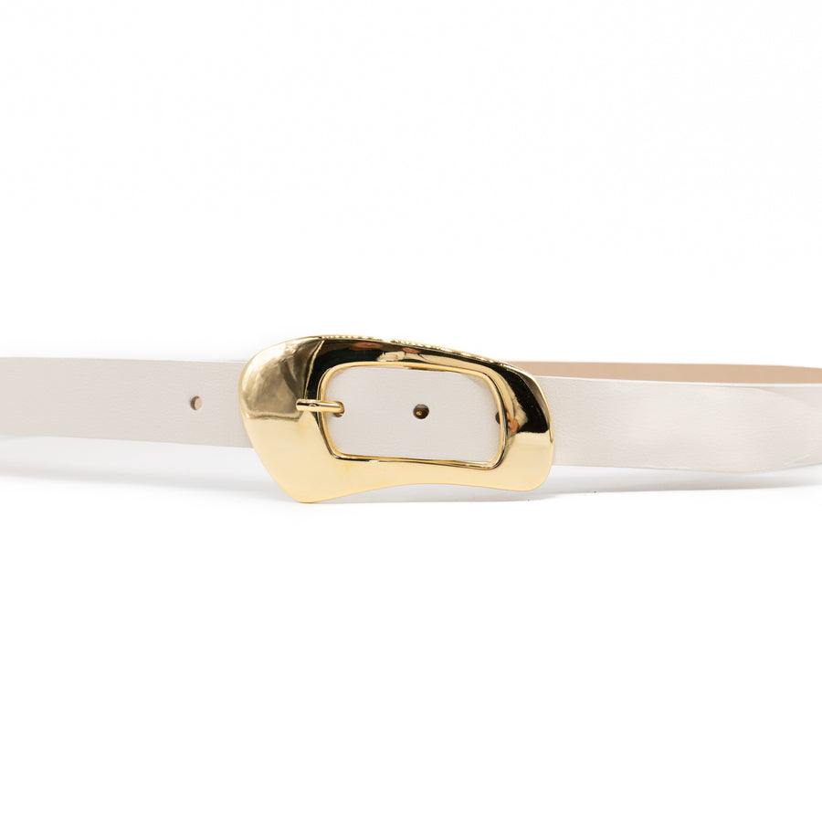 Evangeline Belt – cream Italian leather belt with a gold-plated organic-shaped center bar buckle, handcrafted in Los Angeles - Streets Ahead
