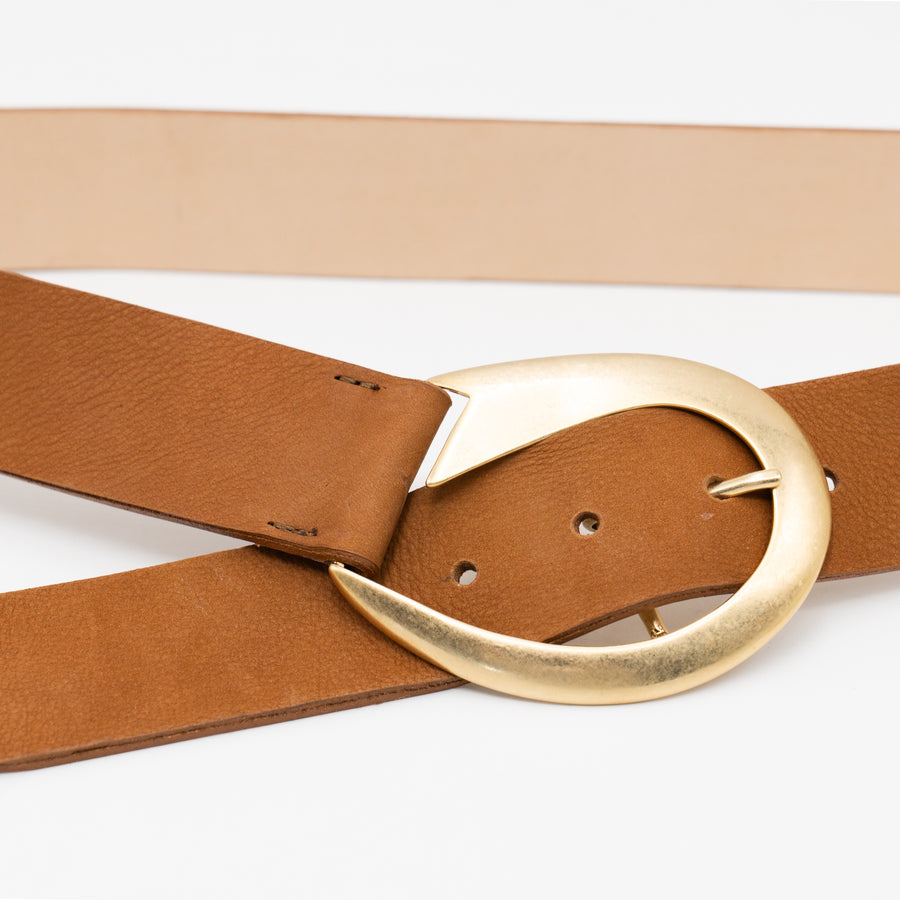 Nyla Belt – Italian cognac nubuck leather drop waist belt with a 24k gold-plated buckle, handcrafted in Los Angeles - Streets Ahead