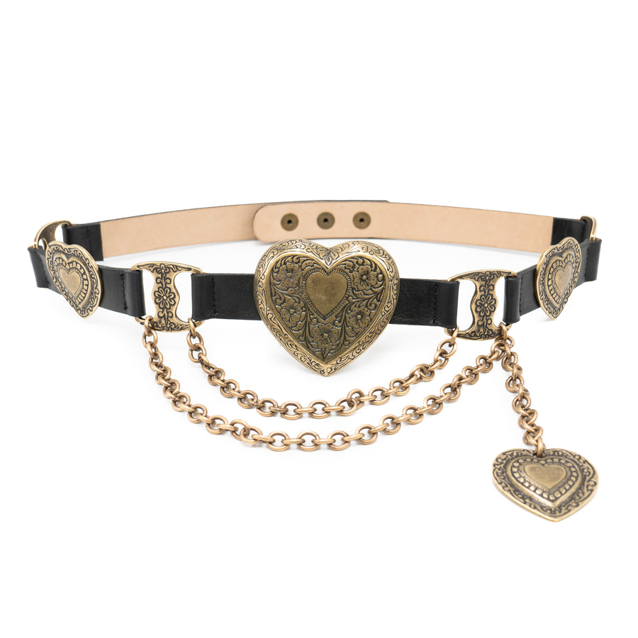 Mia Heart Belt - Statement Brass Heart Belt Black Leather - Streets Ahead