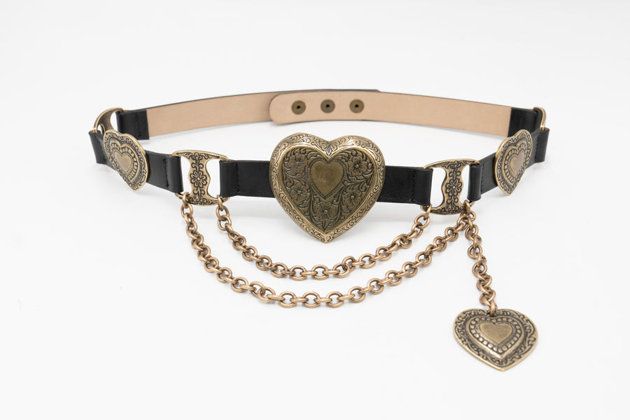 Mia Heart Belt - Statement Brass Heart Belt Black Leather - Streets Ahead
