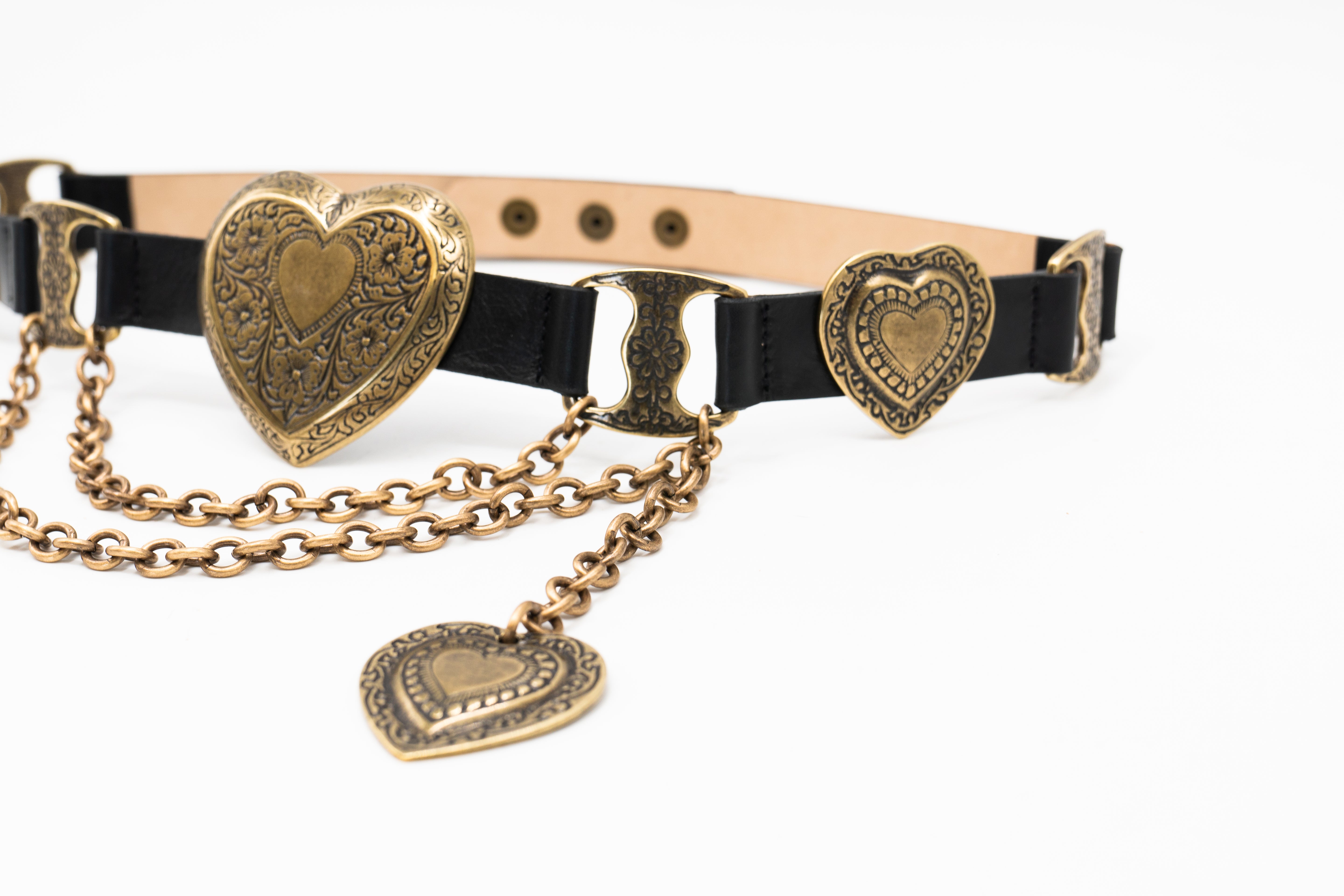 Mia Heart Belt - Statement Brass Heart Belt Black Leather - Streets Ahead