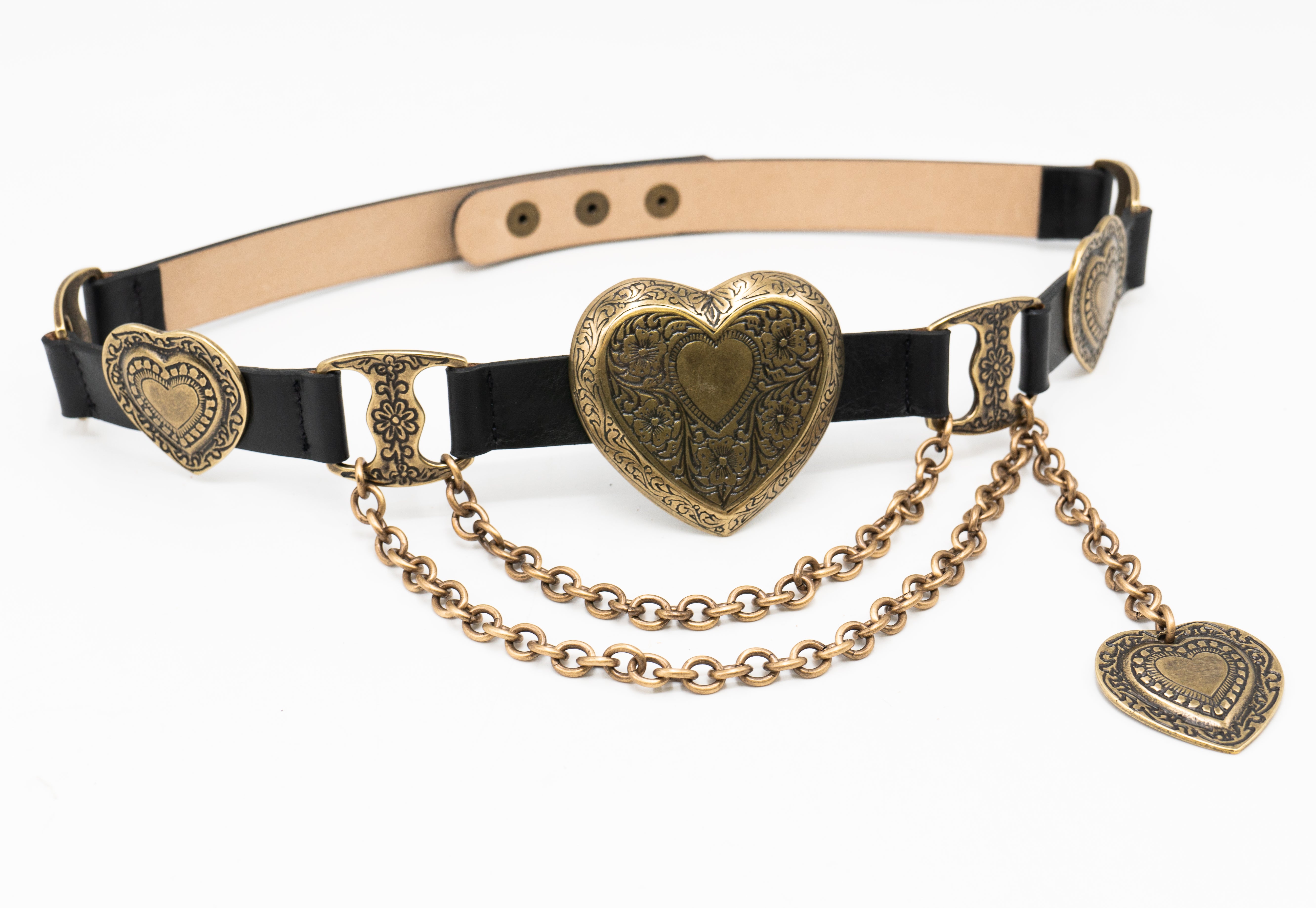 Mia Heart Belt - Statement Brass Heart Belt Black Leather - Streets Ahead
