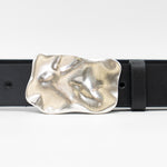 Caspian Belt - Organic Shape Silver Plaque Buckle Smooth Black Italian Leather - Streets Ahead
