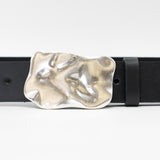 Caspian Belt - Organic Shape Silver Plaque Buckle Smooth Black Italian Leather - Streets Ahead