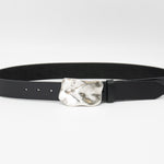 Caspian Belt - Organic Shape Silver Plaque Buckle Smooth Black Italian Leather - Streets Ahead