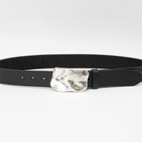 Caspian Belt - Organic Shape Silver Plaque Buckle Smooth Black Italian Leather - Streets Ahead