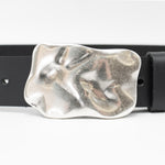 Caspian Belt - Organic Shape Silver Plaque Buckle Smooth Black Italian Leather - Streets Ahead