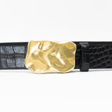 Caspian Belt - Organic Shape Brass Plaque Buckle Croc-Embossed Italian Leather - Streets Ahead
