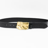 Caspian Belt - Organic Shape Brass Plaque Buckle Croc-Embossed Italian Leather - Streets Ahead