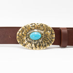 Radiant Commit Belt - Texted Brass and Turquoise Buckle on Chocolate Brown Italian Leather - Streets Ahead