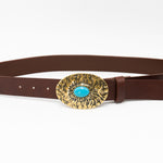 Radiant Commit Belt - Texted Brass and Turquoise Buckle on Chocolate Brown Italian Leather - Streets Ahead