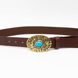 Radiant Commit Belt - Texted Brass and Turquoise Buckle on Chocolate Brown Italian Leather - Streets Ahead