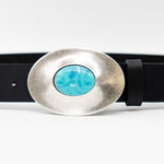 Oceana Belt - Smooth Black Italian Leather Belt Silver Oval and Turquoise Buckle - Streets Ahead