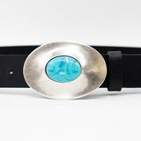 Oceana Belt - Smooth Black Italian Leather Belt Silver Oval and Turquoise Buckle - Streets Ahead