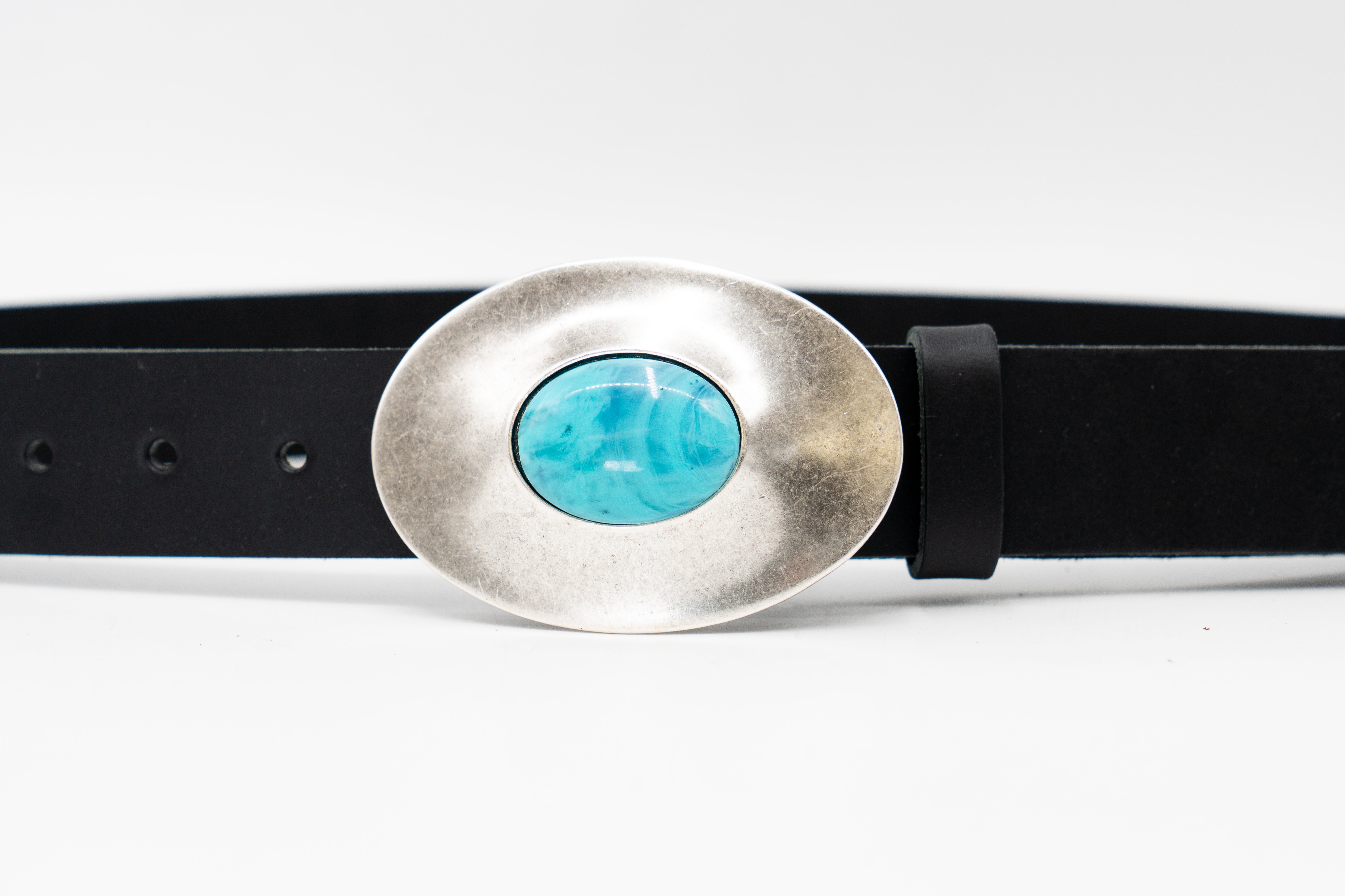Oceana Belt - Smooth Black Italian Leather Belt Silver Oval and Turquoise Buckle - Streets Ahead