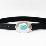 Oceana Belt - Smooth Black Italian Leather Belt Silver Oval and Turquoise Buckle - Streets Ahead